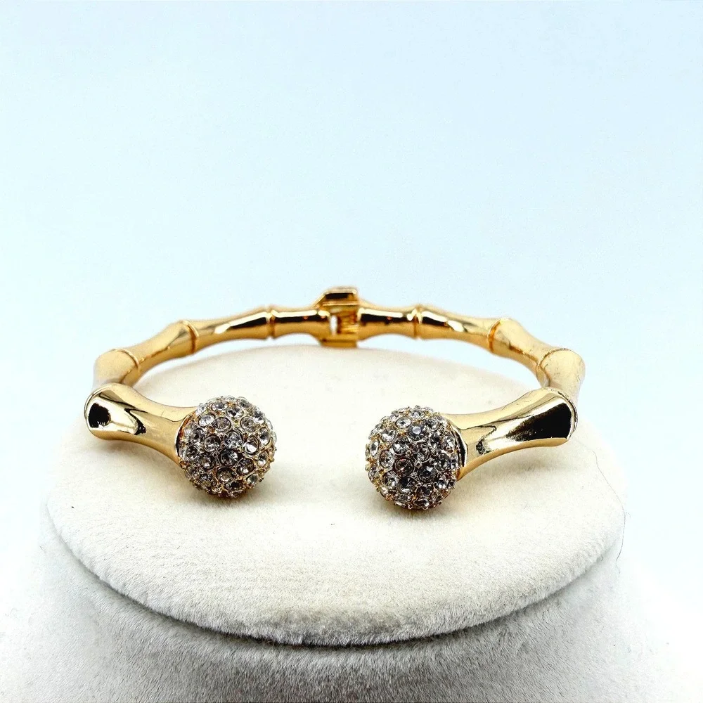 Gold Bamboo Hinged Cuff Bracelet Rhinestone Orb Bypass Bangle Statement‎ Jewelry